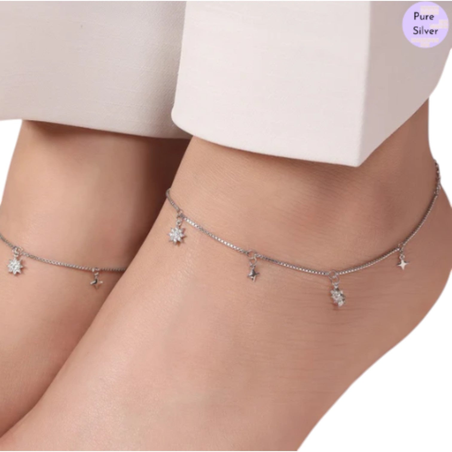 Starry Night Sky 925 Sterling Silver Rhodium-Plated Star Pattern Anklets By Kesardeep Impex For Women